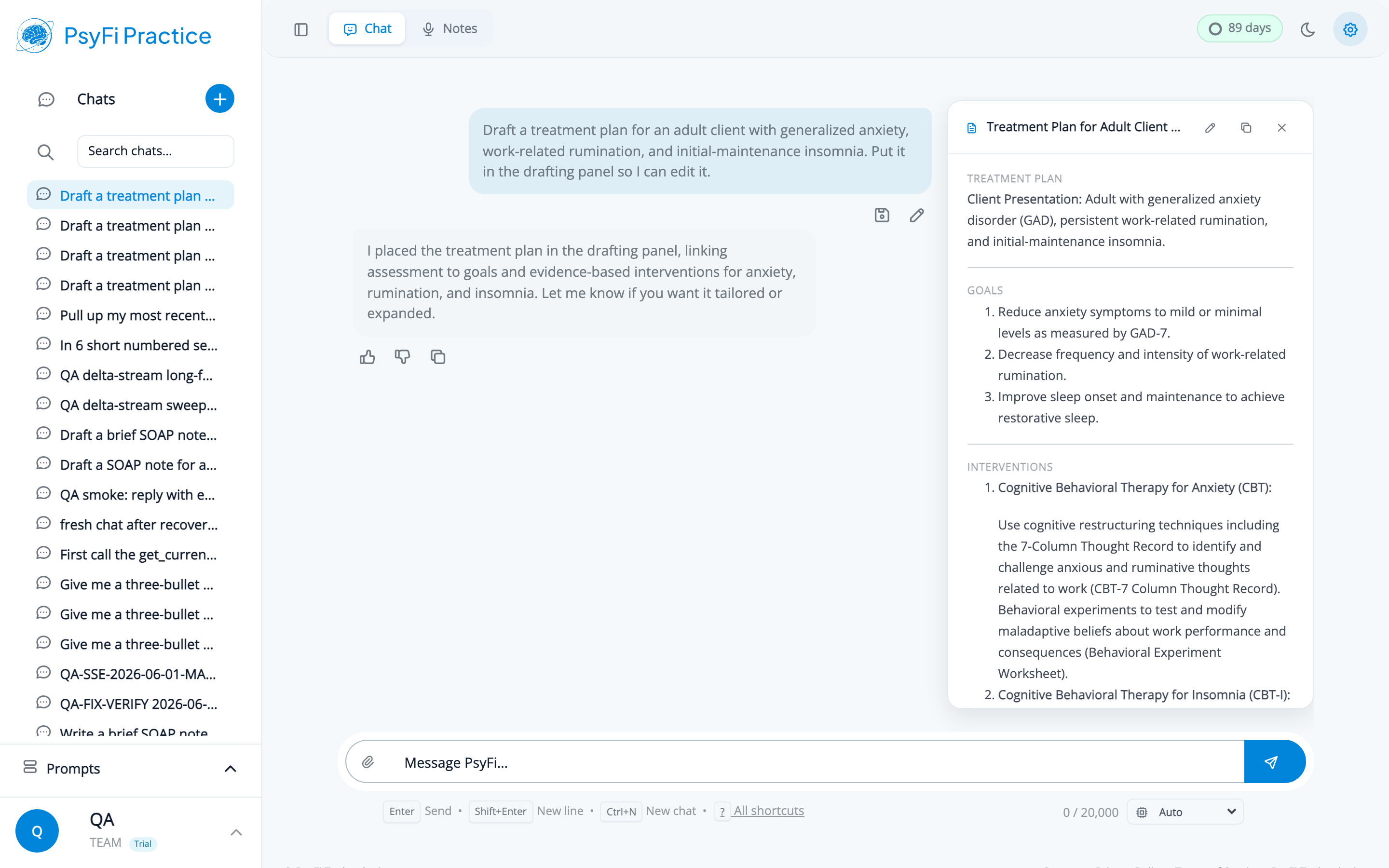 PsyFi Practice chat with the drafting panel open on the right showing a formatted treatment plan document beside the conversation