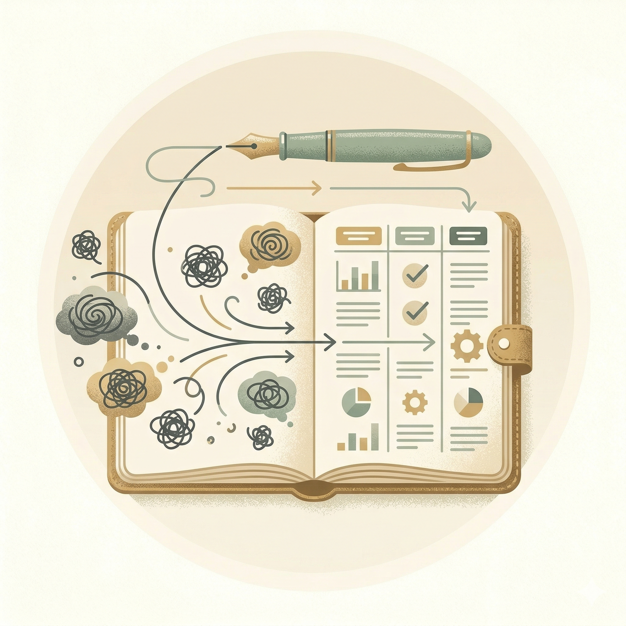 Winnow thought records — chaotic thoughts organized into structured CBT journal entries